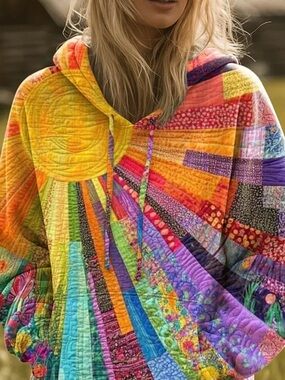 Multicolor Sunburst Quilted Teddy Hoodie Jacket
